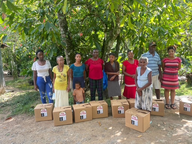 Families standing with their Christmas food delivery boxes under a tree